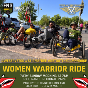 Women Warrior Ride flyer showing the female riders of Veteran Trike Brigade hosted by Forgotten Not Gone. Stomping out Veteran Suicide through Veteran Peer Support and Outdoor Recreation.