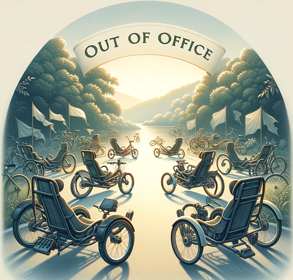 forgotten not gone out of office sign with a group of custom recumbent trikes sitting in a serene setting.