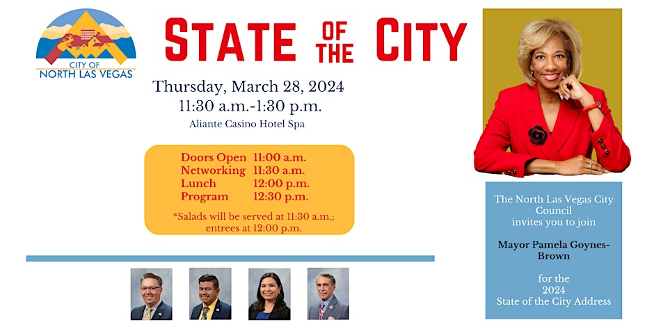 State of the City - North Las Vegas - Pamela Goynes-Brown - Flyer with date of March 26, 20204 from 11:00am-12:30pm.