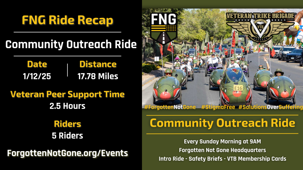 Community Outreach Ride organized by Forgotten Not Gone on 1/12/25, featuring five veterans riding adaptive trikes with shark-themed velomobiles leading the group. The image showcases the event's vibrant atmosphere with FNG flags, the Veteran Trike Brigade logo, and supporters on the route.