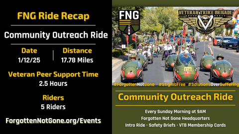 Community Outreach Ride organized by Forgotten Not Gone on 1/12/25, featuring five veterans riding adaptive trikes with shark-themed velomobiles leading the group. The image showcases the event's vibrant atmosphere with FNG flags, the Veteran Trike Brigade logo, and supporters on the route.